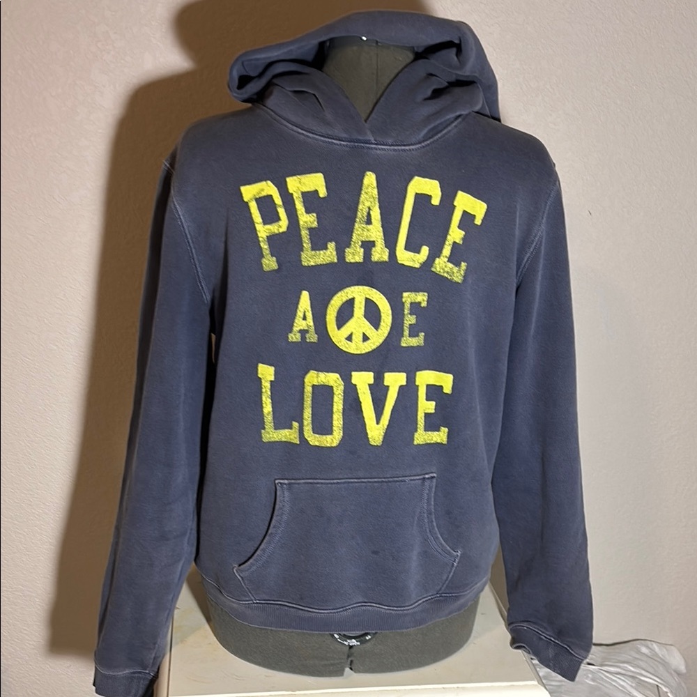 American Eagle Outfitters Blue Hoodie with Yellow Peace‎ and Love Print